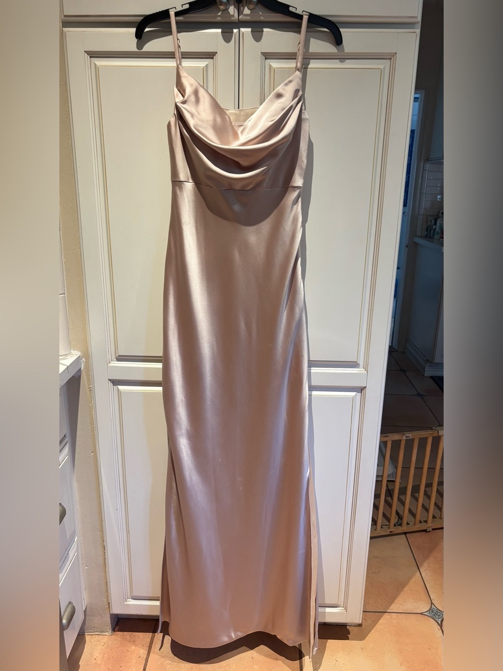 Revelry beige cream champagne long dress adj straps side zip see pic for flaw